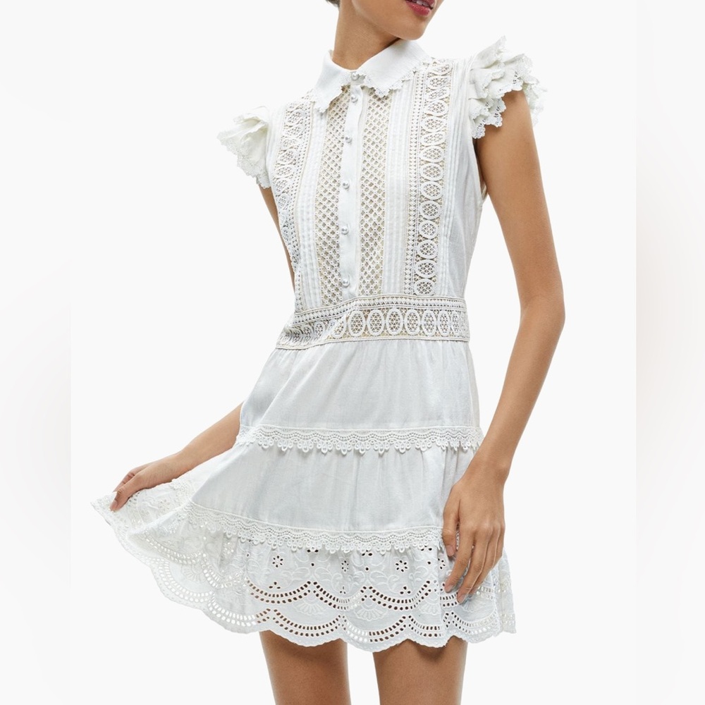 BRAND NEW NWT Alice + Olivia White Meeko Eyelit Embroidered Mini Shirt Dress